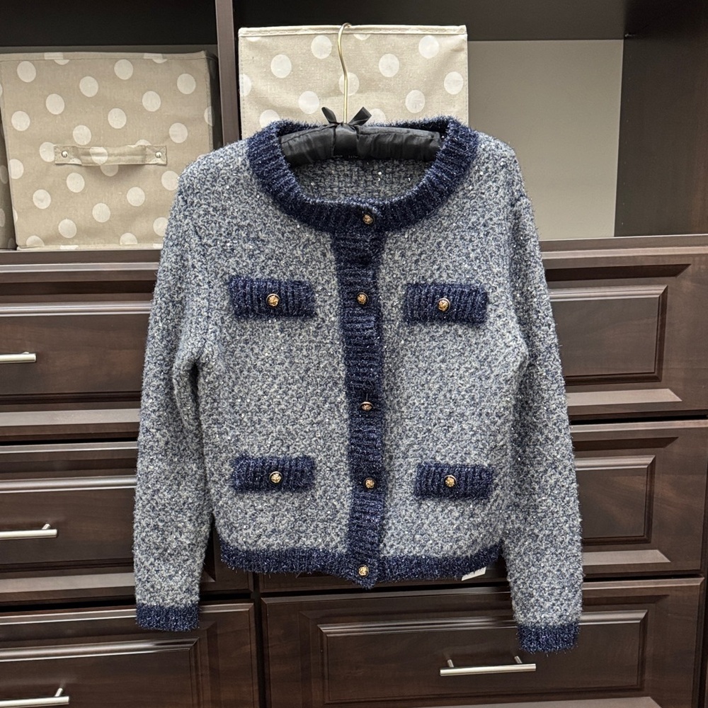 Blue Tweed Cardigan with Gold Buttons